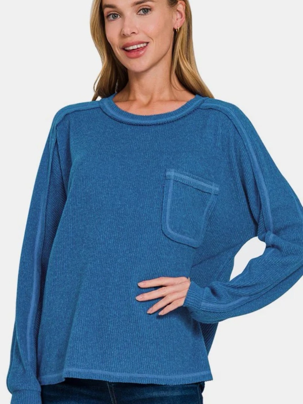 Zenana Outfitters Blue Ribbed Long-Sleeve Pocket Sweatshirt-1x-3x